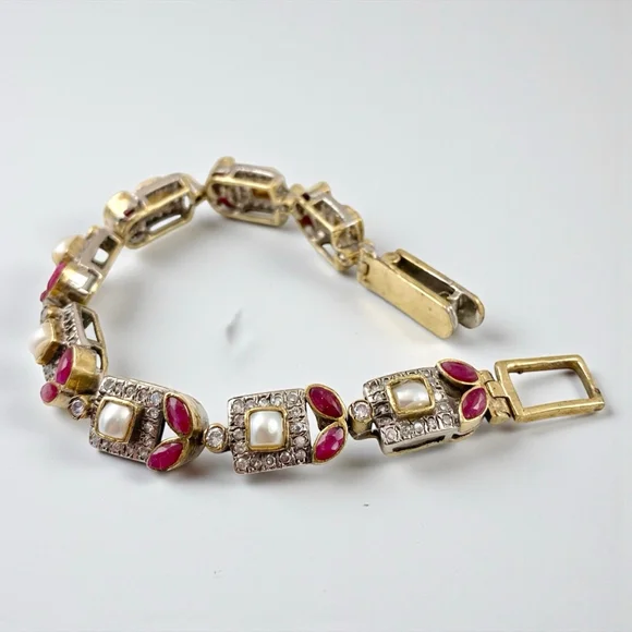 Vintage Mughal Revival Bracelet, Natural Ruby Pearl Diamond Gold Vermeil, Indian - Picture 7 of 11